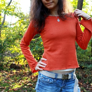womens hemp clothing - long bell sleeve shirt pixie crop top - 100% hemp and organic cotton - custom made to order - hand dyed