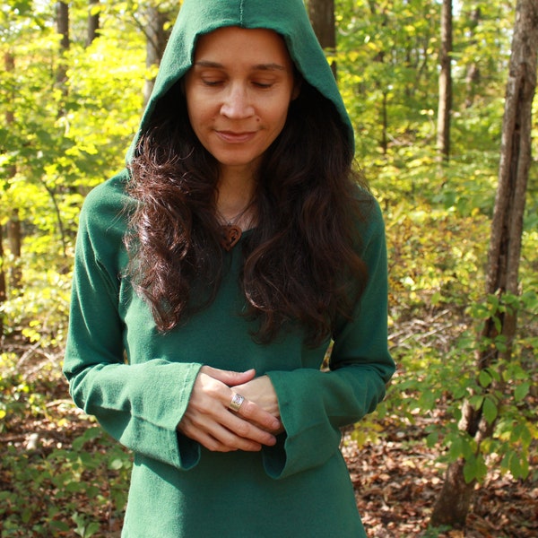 womens hemp clothing - goddess / elf / woodland fairy hooded long sleeve shirt - 100% hemp and organic cotton - custom made - hand dyed