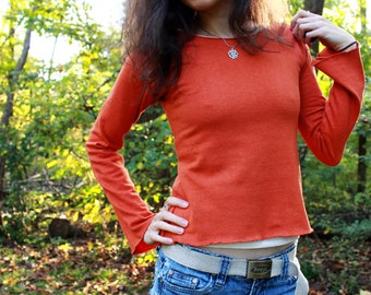 womens hemp clothing - long bell sleeve shirt pixie crop top - 100% hemp and organic cotton - custom made to order - hand dyed