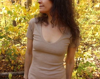 the rebecca x - deep scoop neck t-shirt / short sleeve shirt - 100% hemp and organic cotton - custom made and hand dyed - xxs to xl - vegan