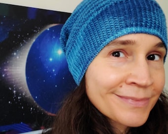 100% hemp long slouch beanie - one of a kind hand dyed in turquoise and indigo blue - GOTS organic biodegradable breathable warm unisex hat