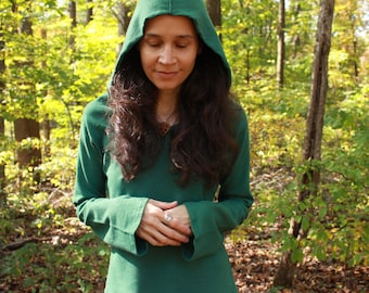 womens hemp clothing - goddess / elf / woodland fairy hooded long sleeve shirt - 100% hemp and organic cotton - custom made - hand dyed