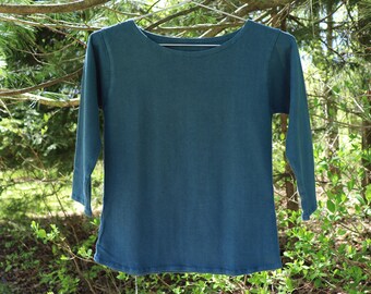 3/4 sleeve boat neck shirt - 100% hemp and organic cotton hand dyed in teal blue - xs / xxs size 0 - 2 31" to 34" bust