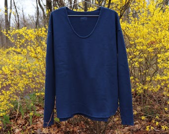 long sleeve scoop neck sweat shirt - 100% hemp and organic cotton fleece -size large / tall 12 - 16 - hand dyed cobalt blue - hemp clothing