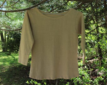 3/4 sleeve boat neck shirt - 100% hemp and organic cotton hand dyed in light morel brown / tan / flax - xs / xxs size 0 - 2 31" to 34" bust