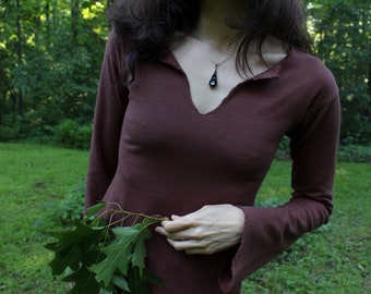 hemp clothing for women - long bell sleeve v-neck shirt - 100% hemp and organic cotton - custom made to order - hand dyed