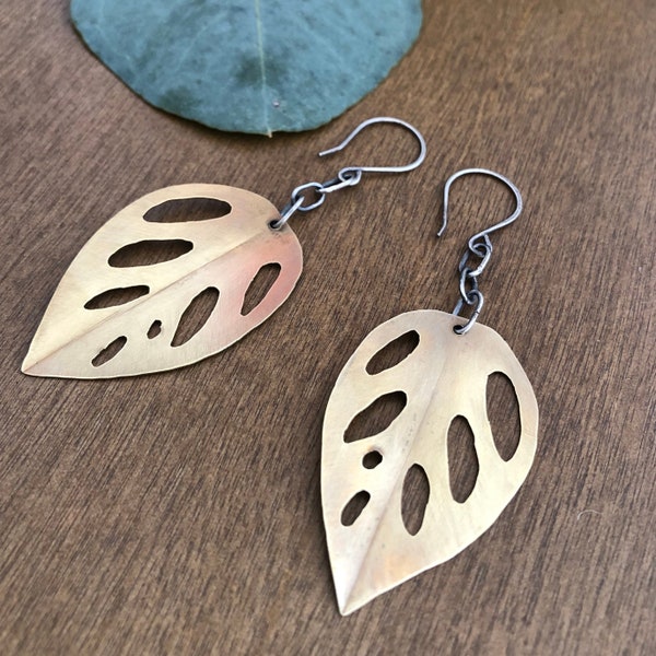 Dangling Leaf Earrings | Handmade Monstera Leaf Brass and Sterling Silver | Leaf Earrings | Brass and Silver Earrings