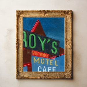 May include: A vintage-style neon sign with the words "Roy's Motel Cafe" in red, white, and green. The sign is mounted on a red and white structure with a blue sky in the background.