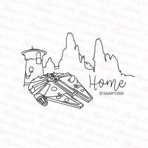 May include: Black and white line art illustration featuring the Millennium Falcon, a tower, and a mountain range. The word "Home" is written in cursive, with "GALAXY'S EDGE" below. A Star Wars themed design.