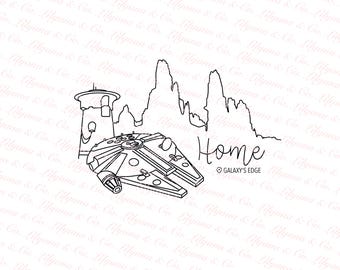 May include: Black and white line art illustration featuring the Millennium Falcon, a tower, and a mountain range. The word "Home" is written in cursive, with "GALAXY'S EDGE" below. A Star Wars themed design.
