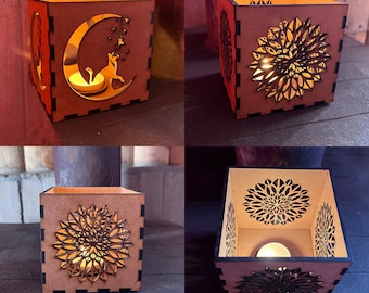 Laser cut CANDLESTICK template, mandala and cat on the moon 3mm, holder set svg, pdf, ia, cdr, dxf, eps, ready to download 1 zip