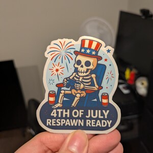 4th of July Gamer Skeleton Sticker, Respawn Ready Vinyl Decal, Funny Fireworks Skull Sticker, Patriotic Gaming Gift