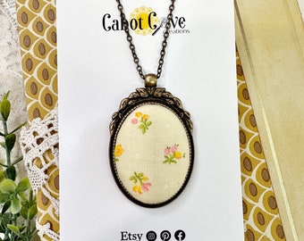 Yellow, Pink, & Green Floral Vintage Fabric Pendant Necklace In Antique Brass Setting  / Gift for Bridesmaid / Gift for Best Friend