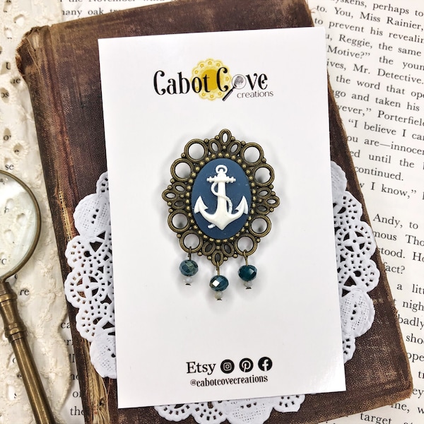 Vintage Style White Anchor on Blue Background Beaded Cameo Brooch, Sailor Cameo Pin, Cameo Jewelry, Retro Inspired, Vintage Style Jewelry