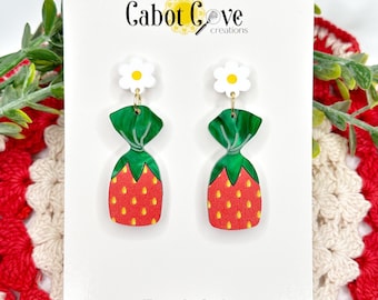 Strawberry Candy and Flower Acrylic and Wood Earrings, Spring & Summer Earrings, Dangle Earrings