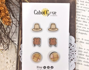 Thanksgiving Stud Earrings Set-Pilgrim Hat, Turkey, Faux Leather & Wood Studs, Fall Stud Earrings Set, Fall Jewelry, Thanksgiving Jewelry