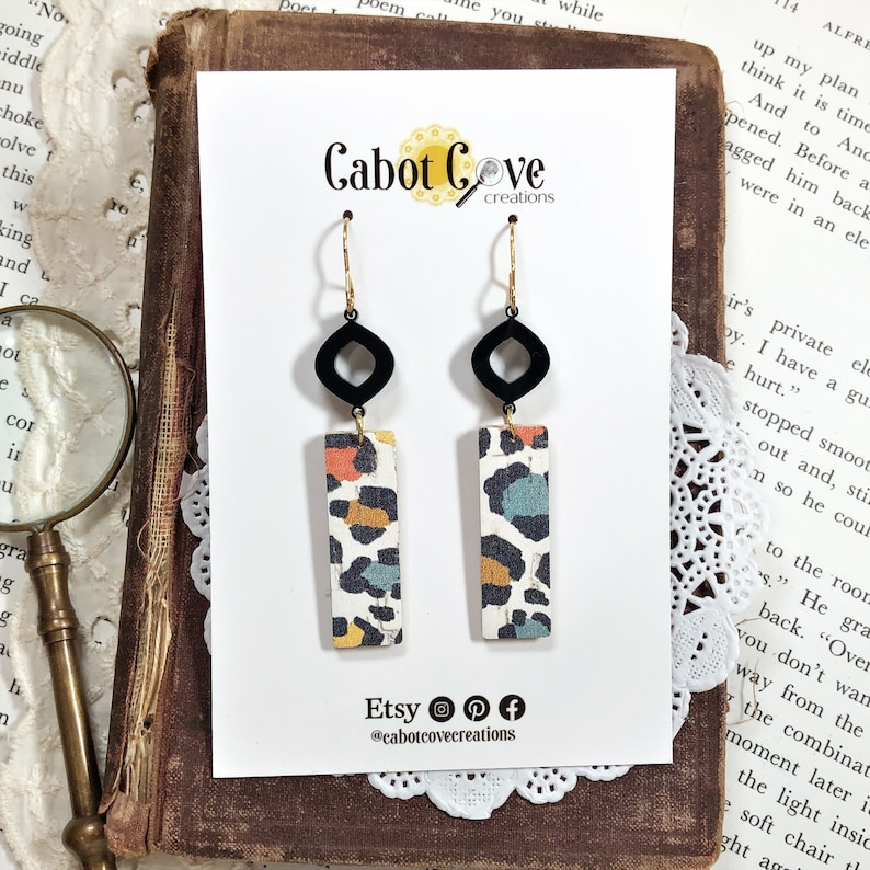 Leopard Print Cork & Acrylic Earrings, Geometric, Vintage Inspired Earrings, Dangle Earrings, Retro Inspired Earrings, Statement Earrings image 1