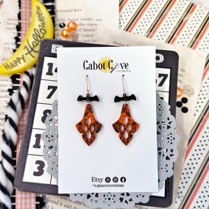 Gothic Bat Acrylic Earrings- Orange and Black Damask Pattern / Halloween Earrings / Elegant Halloween Earrings / Dangle / Lightweight