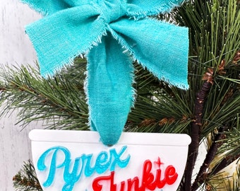 Pyrex Junkie Bowl Christmas Ornament with Vintage Fabric Bow Hanger / Pyrex Gift / Unique Christmas Ornament / Christmas Gift