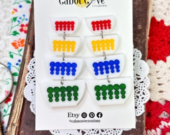 Pyrex Dots Inspired Stacking Bowl Acrylic Earrings in Red, Yellow, Blue, & Green, Pyrex Jewelry, Pyrex Gift, Dangle Post Earrings