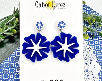 Corning Ware Blue Cornflower Inspired Flower Acrylic Earrings in White & Blue, Pyrex Jewelry, Pyrex Gift, Dangle Earrings