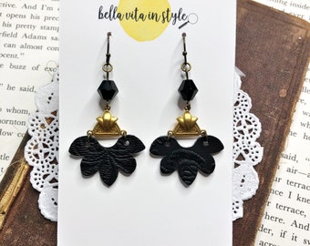 Faux Leather Earrings, Vintage Inspired, Bead Earrings, Vintage Connectors, Retro Inspired, Fall Earrings, Boho Earrings, Dangle Earrings,