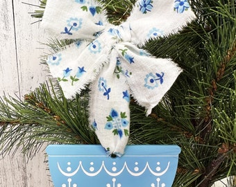 Snowflake Pyrex Bowl Christmas Ornament with Vintage Fabric Bow Hanger / Pyrex Gift / Unique Christmas Ornament / Christmas Gift