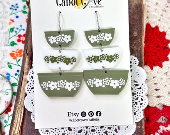 Pyrex Spring Blossom Inspired Stacking Bowl Acrylic Earrings in White & Olive Green, Pyrex Jewelry, Pyrex Gift, Dangle Earrings