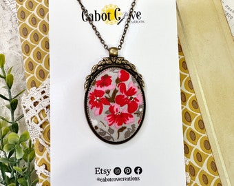 Red, Pink, & Grey Floral Vintage Fabric Pendant Necklace In Antique Brass Setting  / Gift for Bridesmaid / Gift for Best Friend