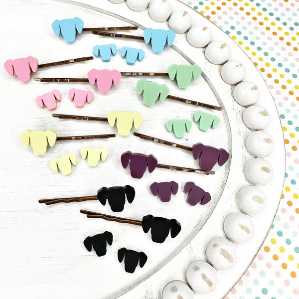 Dog Head Stud Earrings & Bobby Pin Set, Choose Matte Acrylic Color: Black, Bubble Gum Pink, Sky Blue, Mellow Yellow, Mint Green, Plum Purple