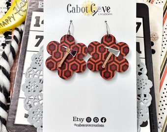 The Shining Carpet Inspired Daisy Flower with Ax Acrylic Dangle Earrings / Halloween Earrings / Horror Movie Gift/ Scary Movie / Lightweight