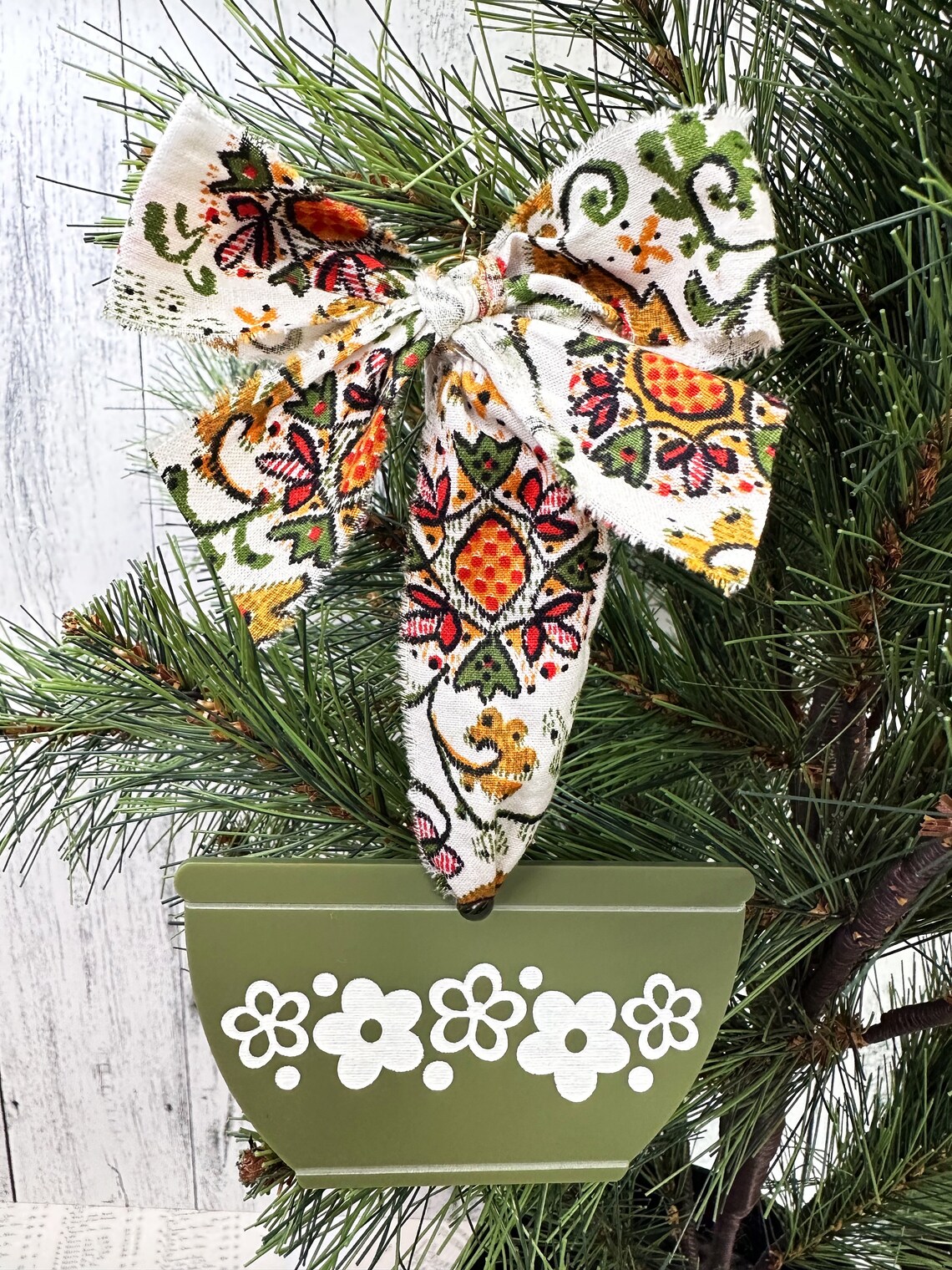 Spring Blossom Pyrex Bowl Christmas Ornament With Vintage Fabric Bow ...