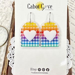Rainbow Plaid Scallop Half Oval with White Heart Acrylic Dangle Earrings, Rainbow Jewelry, Plaid Jewelry, Rainbow Accessories,Gifts for Her