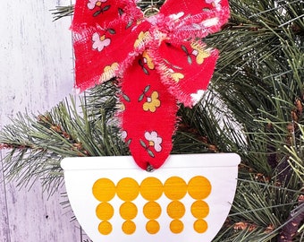 Dots Pyrex Bowl-Yellow Christmas Ornament with Vintage Fabric Bow Hanger / Pyrex Gift / Unique Christmas Ornament / Christmas Gift