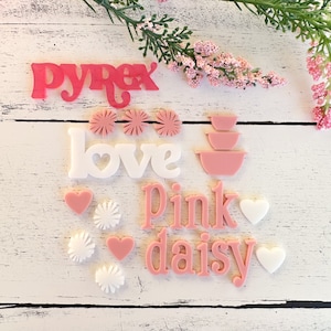 Pyrex Pink Daisy Acrylic Embellishment Kit: Pink and White Words, Stacking Bowls, Hearts, Pink Daisy Pattern Shapes, Scrapbook, Junk Journal