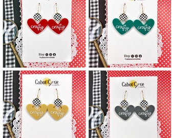 Crafty Babe Collection Heart Acrylic Earrings-You Choose Color, Black & White Checkered, Laser Engraved,  Vintage/Retro Inspired Jewelry