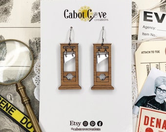 Guillotine Wood & Acrylic Earrings-Small / Halloween Earrings / True Crime Earrings / True Crime Jewelry / Halloween Gift / Lightweight
