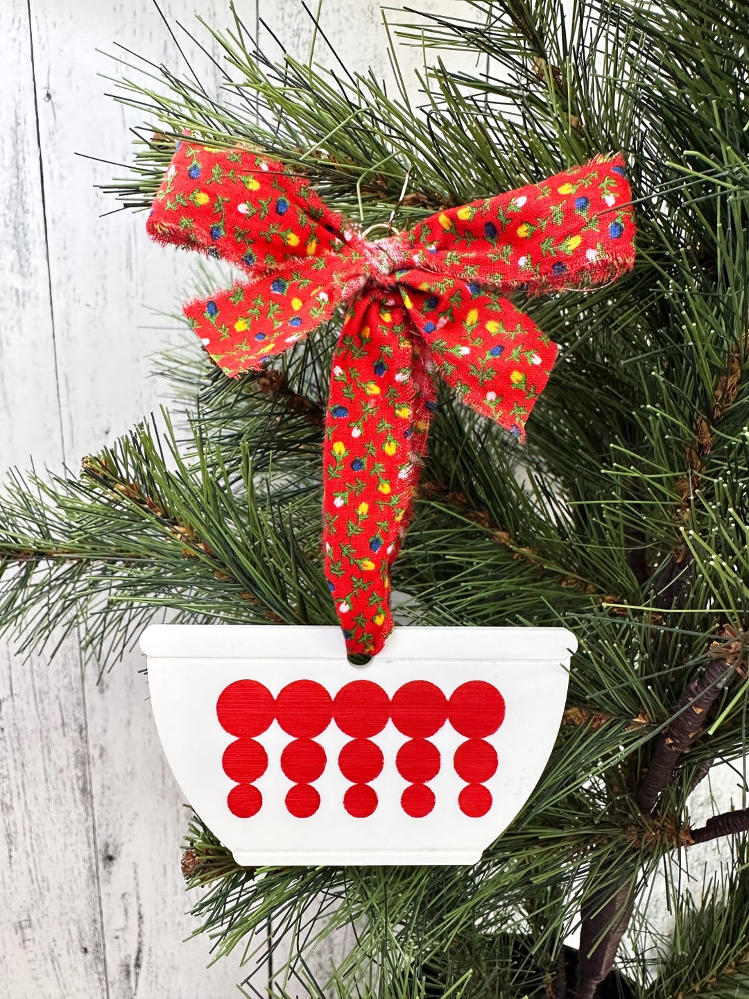 Dots Pyrex Bowlred Christmas Ornament With Vintage Fabric Bow Hanger / Pyrex Gift / Unique