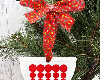 Dots Pyrex Bowl-Red Christmas Ornament with Vintage Fabric Bow Hanger / Pyrex Gift / Unique Christmas Ornament / Christmas Gift