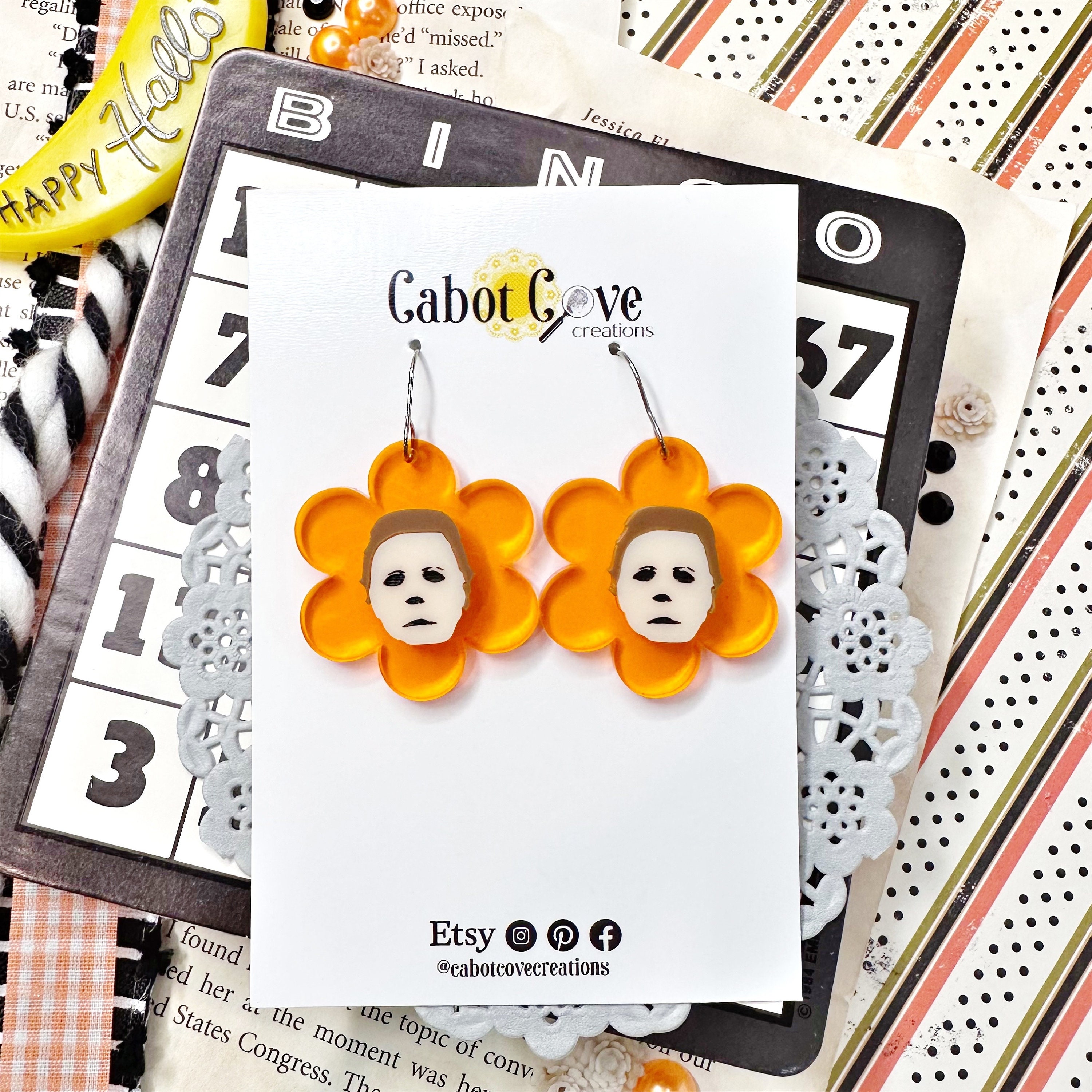 Michael Meyers Inspired Daisy Acrylic Dangle Earrings-Orange / Halloween Earrings / Horror Movie Gift / Halloween Movie / Lightweight