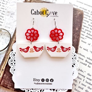 Pyrex Inspired Friendship Bowl Acrylic Earrings in White, Hand Painted Red & Orange, Pyrex Jewelry, Pyrex Gift,Vintage Inspired