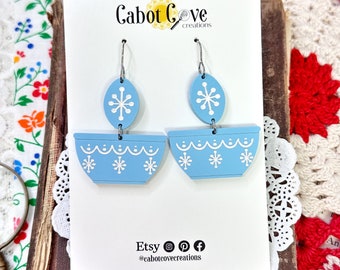 Pyrex Snowflake Garland Inspired Bowl Acrylic Earrings in Light Blue & White, Pyrex Jewelry, Pyrex Gift, Dangle Earrings, Gift for Her