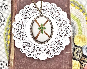 Vintage Embroidered Tablecloth & Vintage Green Rhinestone Pendant Necklace, Cameo Setting, Gifts for Her, Retro Inspired, Green, Brown