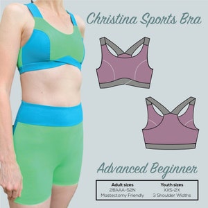 May include: A sports bra sewing pattern with a purple and gray bra illustration. The pattern is for sizes 28AAA-52N and XXS-2X. The text "Christina Sports Bra" and "Advanced Beginner" is included in the image.