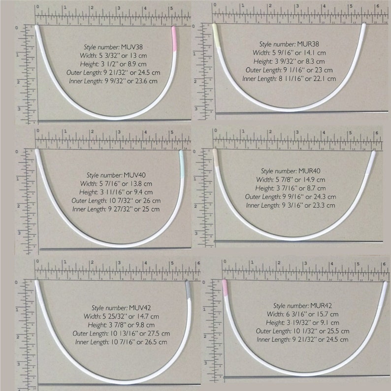May include: Four pairs of white underwire bra cups with different sizes and styles. The bra cups are laid out on a white surface with a ruler for measuring. The bra cups are labeled with style numbers and measurements in inches and centimeters.