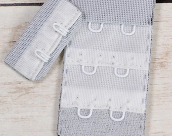 Grey Bra Hook & Eye Replacement Closure with White Hardware - 2 Rows - 1 1/4" Wide