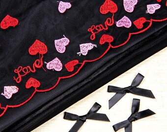 Red and Black Heart Lace Bra Making Fabric and 10.5" Lace Kit