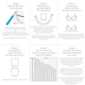 May include: A guide on how to determine the correct underwire replacement size for bras. The guide includes steps on how to remove the underwire, measure the outside edge of the wire, evaluate the bra style, and find the wire size and style from a chart.