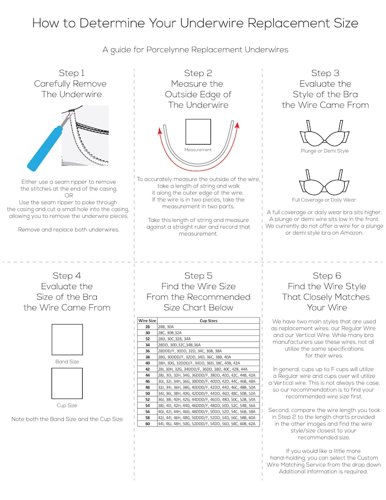 May include: A guide on how to determine the correct underwire replacement size for bras. The guide includes steps on how to remove the underwire, measure the outside edge of the wire, evaluate the bra style, and find the wire size and style from a chart.