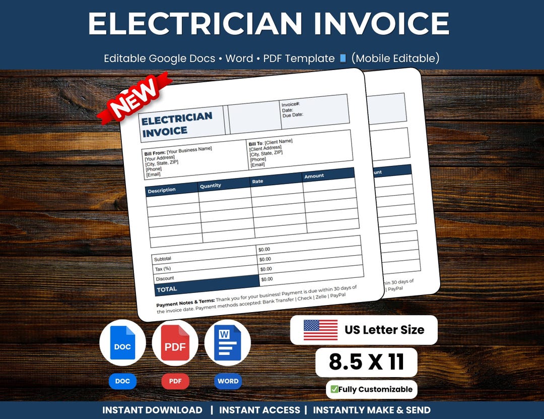 Editable Electrician Invoice Template (google Docs, Word, PDF) - Etsy